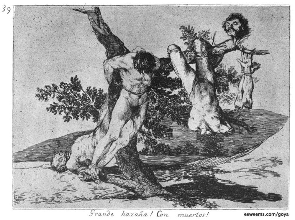 The bodies and body parts of three men bound to a tree.