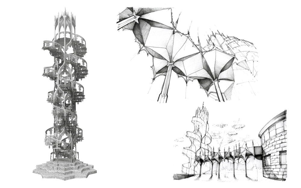 A render of a tower by Wim Delvoye