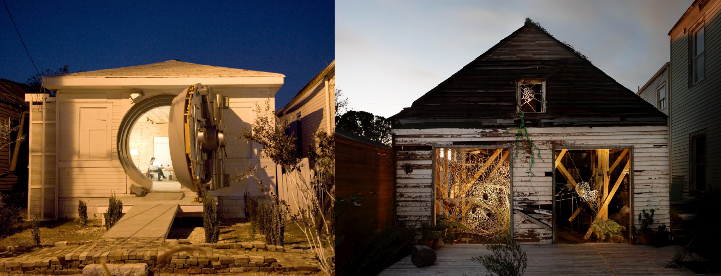 a side by side shot. On the left an building with a huge modern safe as the door. On the right a run down house with an light art installation